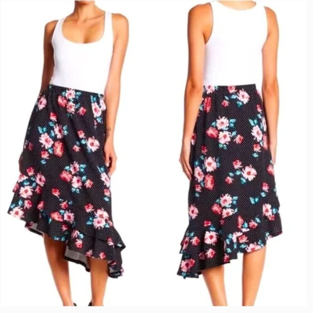 NWT Bobeau Black Polka Dot Floral Asymmetrical Midi Skirt - Size S